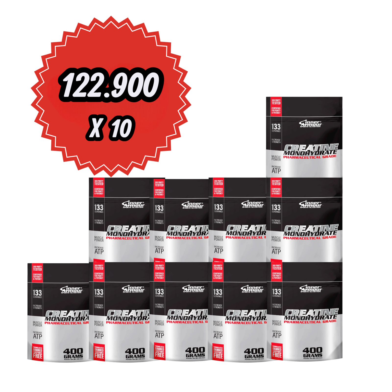 PACK 10 CREATINAS MONOHIDRATADA 400GR SIN SABOR - INNER ARMOUR
